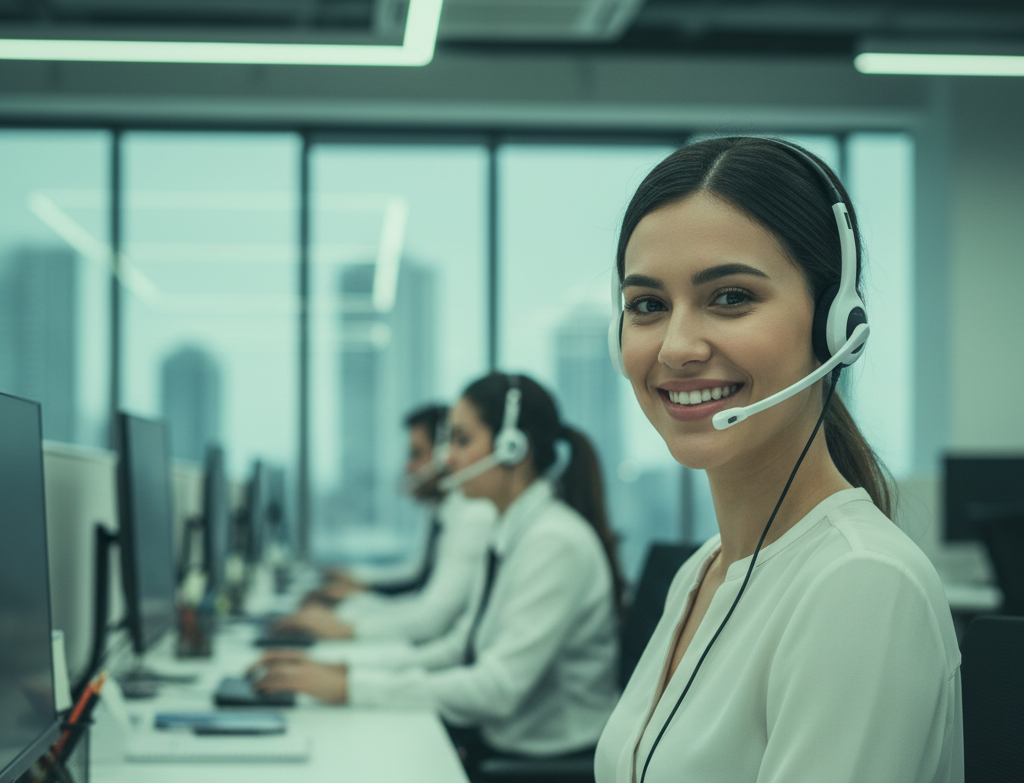 Fondo de una persona de atención al cliente con diadema y sonrisa